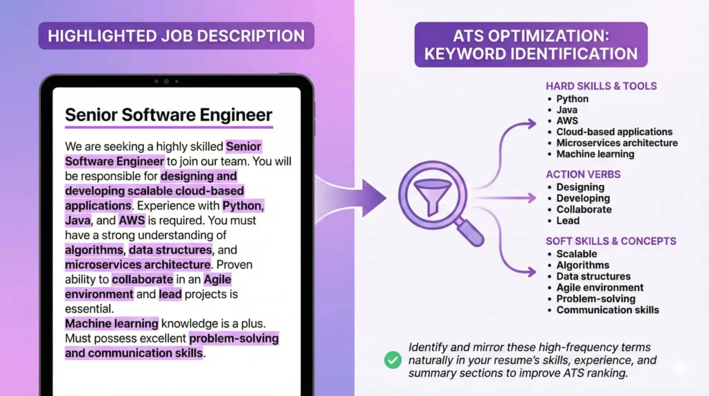 Highlighted job description showing how to identify important keywords for ATS optimisation